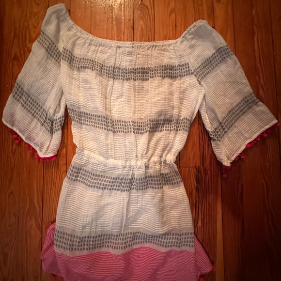 Boho Off Shoulder Dress Tunic | Beach Cover Up Tassel Pom Pom L Blue Island - Picture 6 of 6